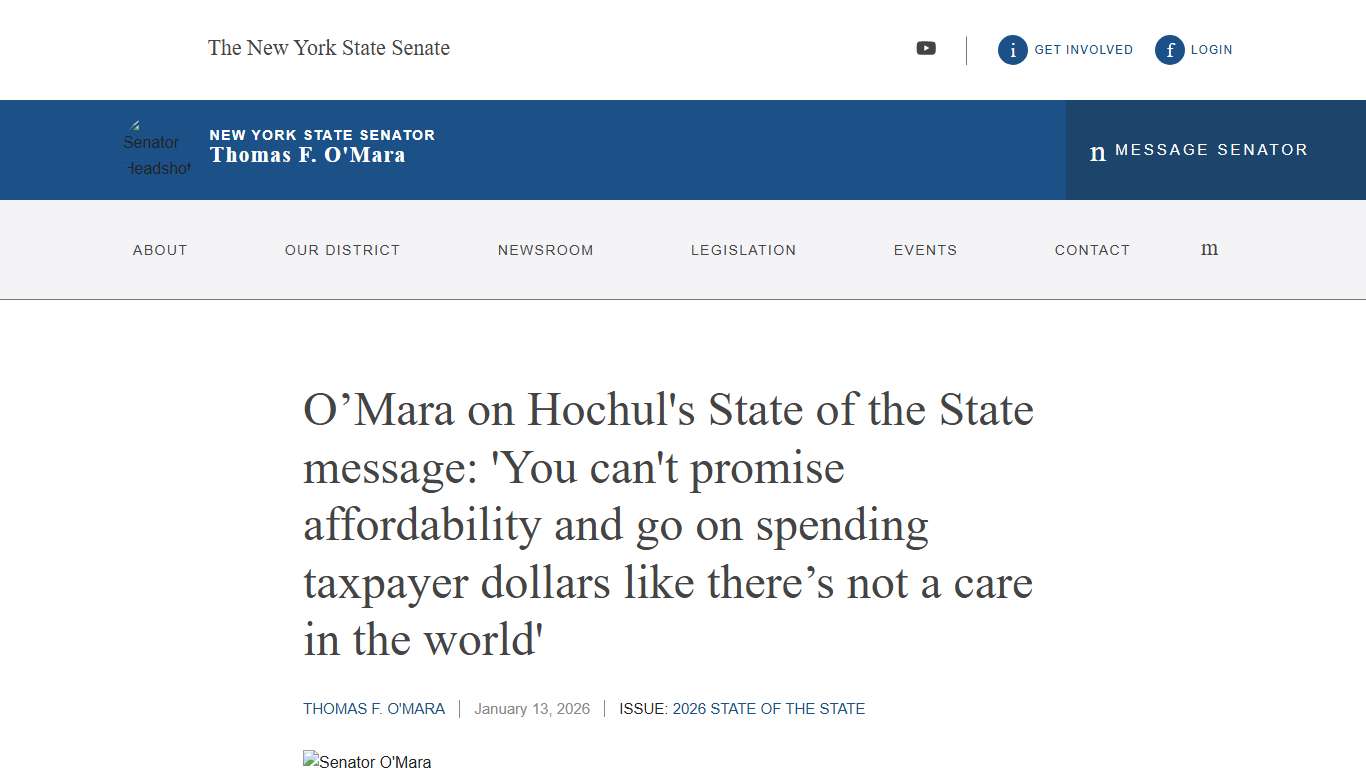 O’Mara on Hochul's State of the State message: 'You can't promise affordability and go on spending taxpayer dollars like there’s not a care in the world' | NYSenate.gov